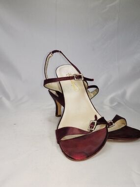 Michaelangelo Burgundy Satin Heeled Sandals with Rhinestone Buckles